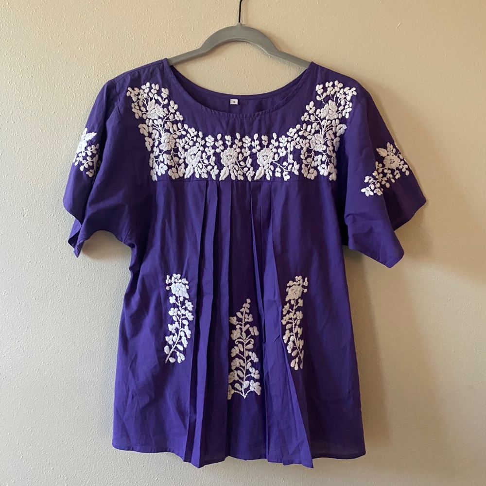 Purple + white embroidered Mexican blouse